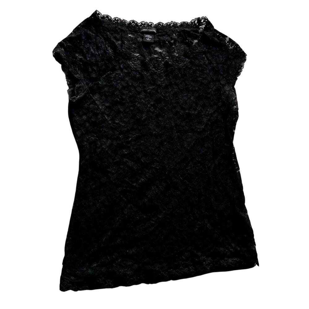 MODA International Y2K Black Short Sleeve Lace Top Women's Size L